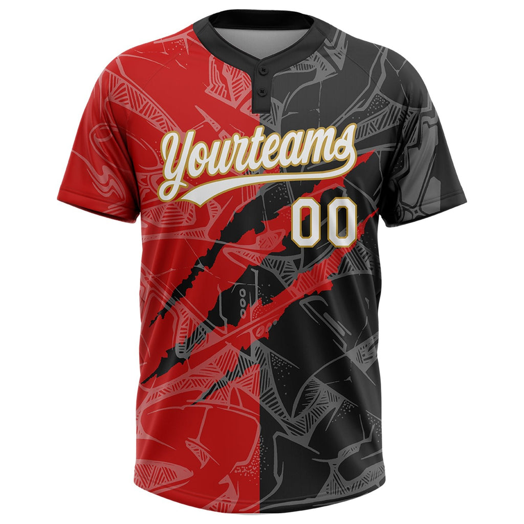 Custom Graffiti Pattern Black Red-Old Gold 3D Two-Button Unisex Softball Jersey photo 2