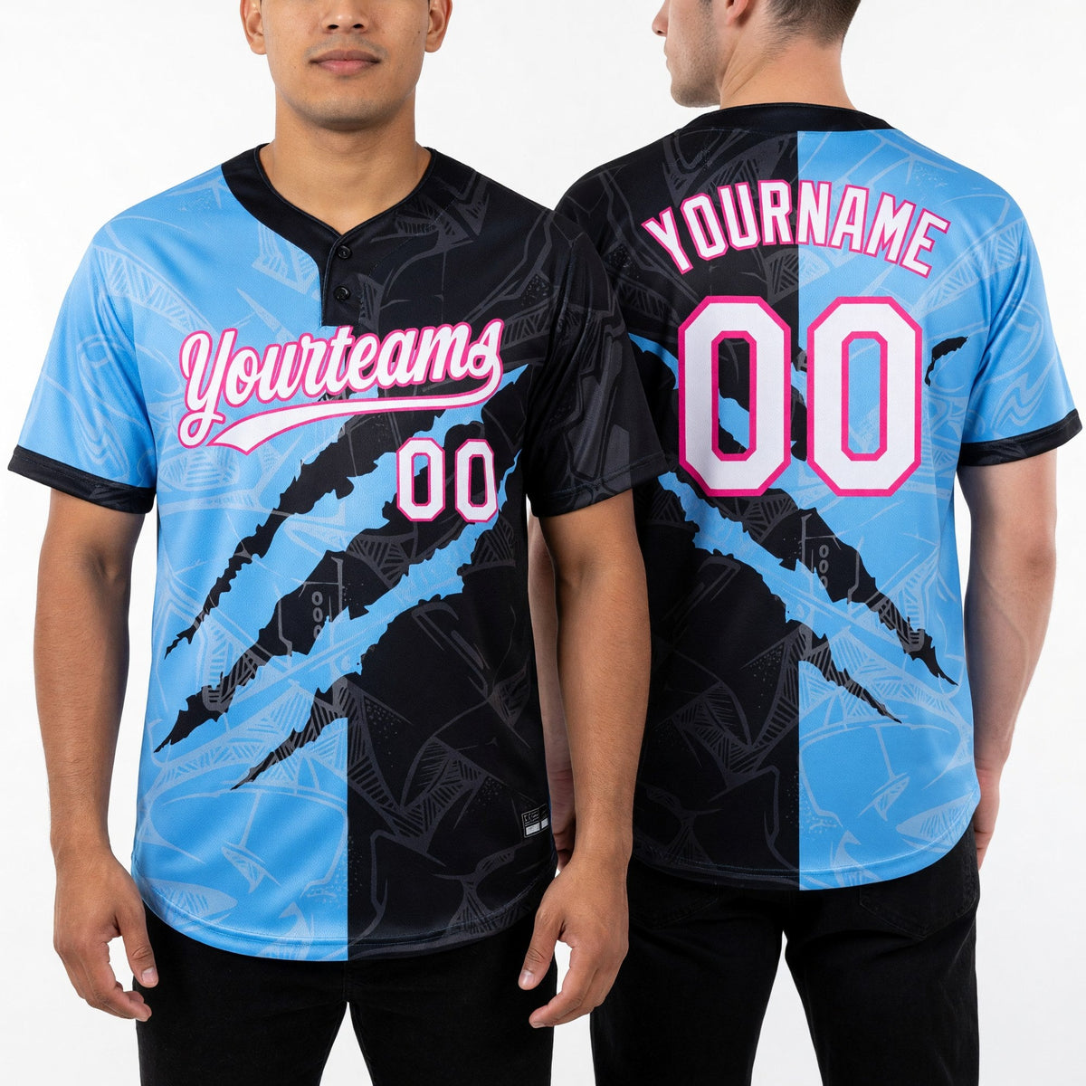 Custom Graffiti Pattern Black Light Blue-Pink 3D Two-Button Unisex Softball Jersey worn front and back