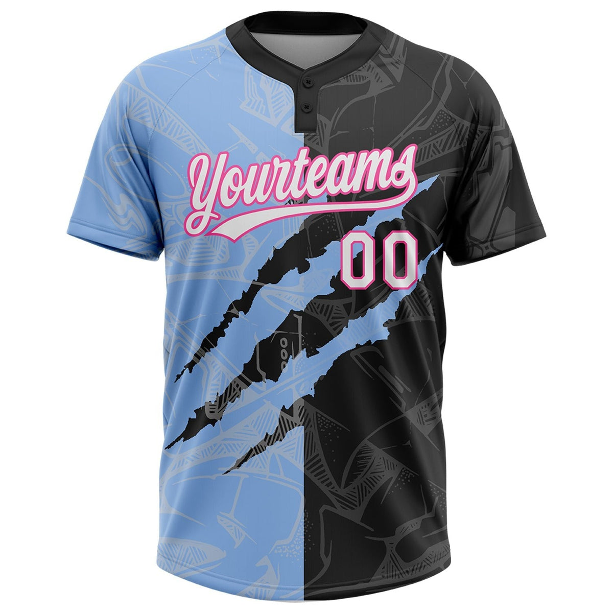 Custom Graffiti Pattern Black Light Blue-Pink 3D Two-Button Unisex Softball Jersey photo 2