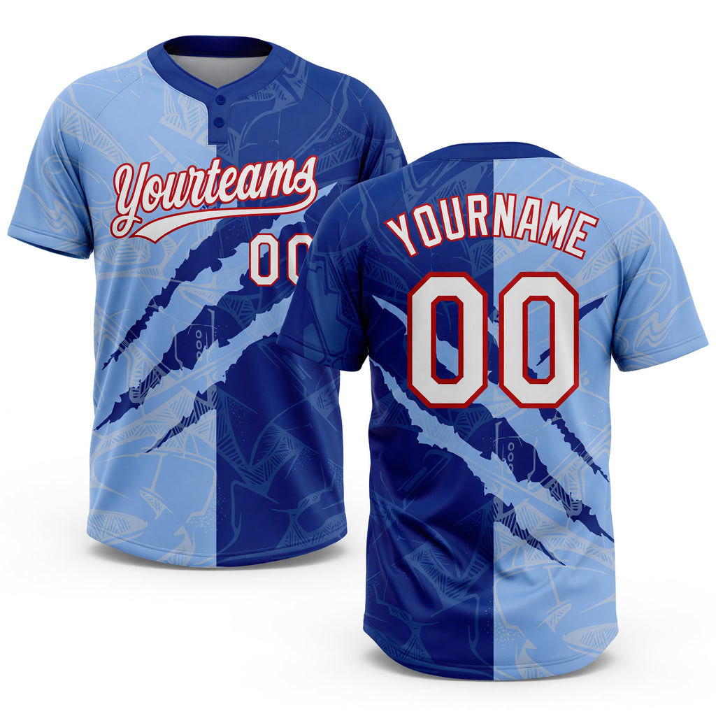Custom Graffiti Pattern Light Blue Royal-Red 3D Two-Button Unisex Softball Jersey