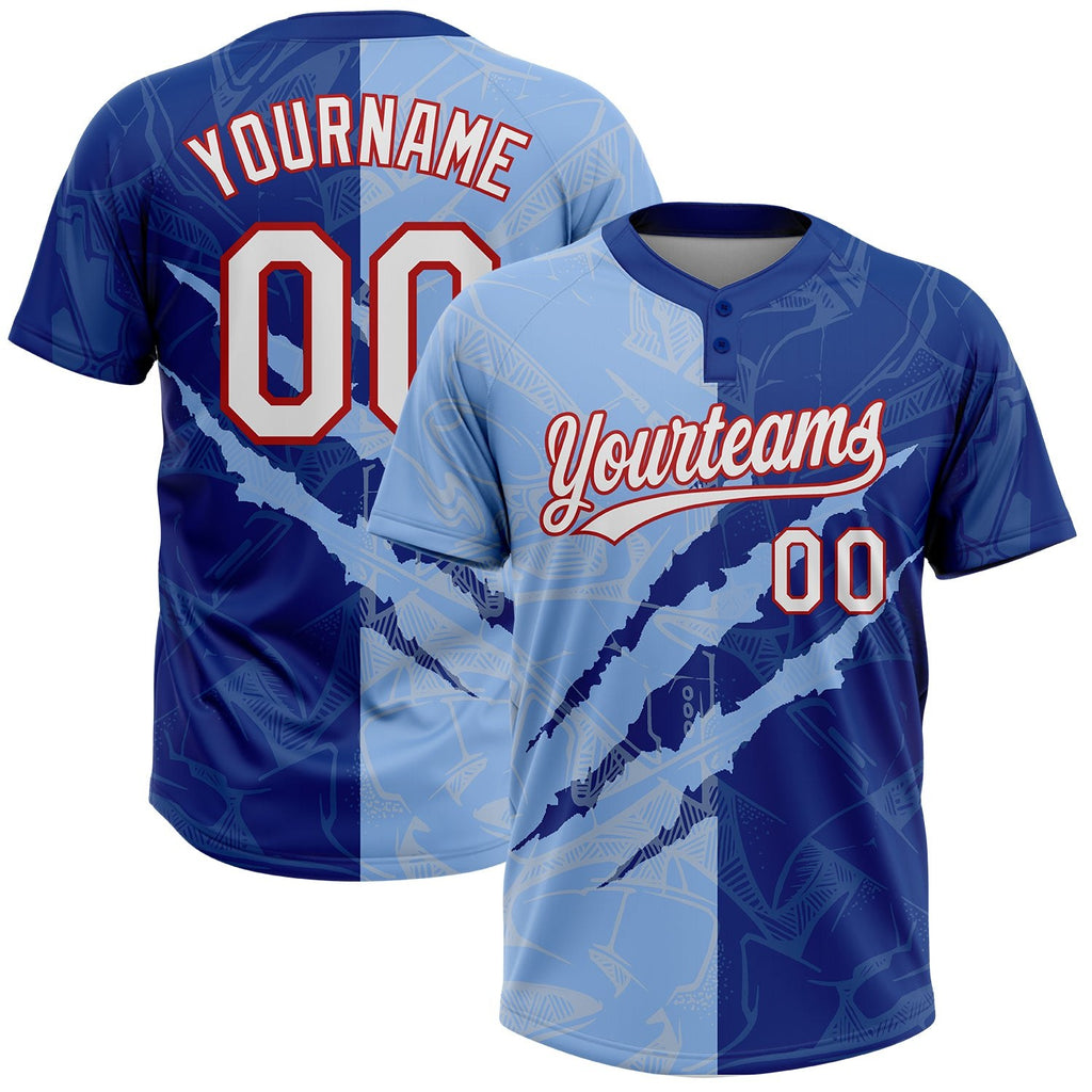 Custom Graffiti Pattern Light Blue Royal-Red 3D Two-Button Unisex Softball Jersey photo 1