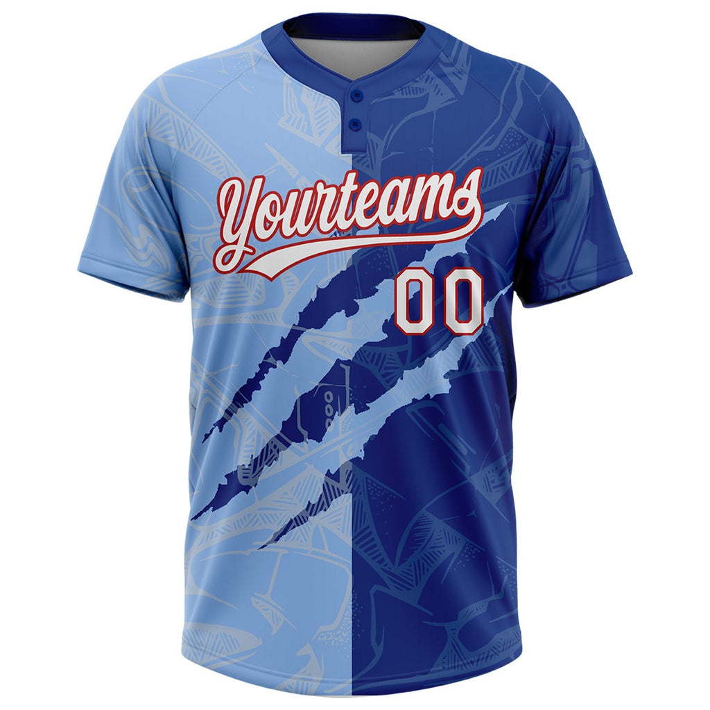 Custom Graffiti Pattern Light Blue Royal-Red 3D Two-Button Unisex Softball Jersey photo 2
