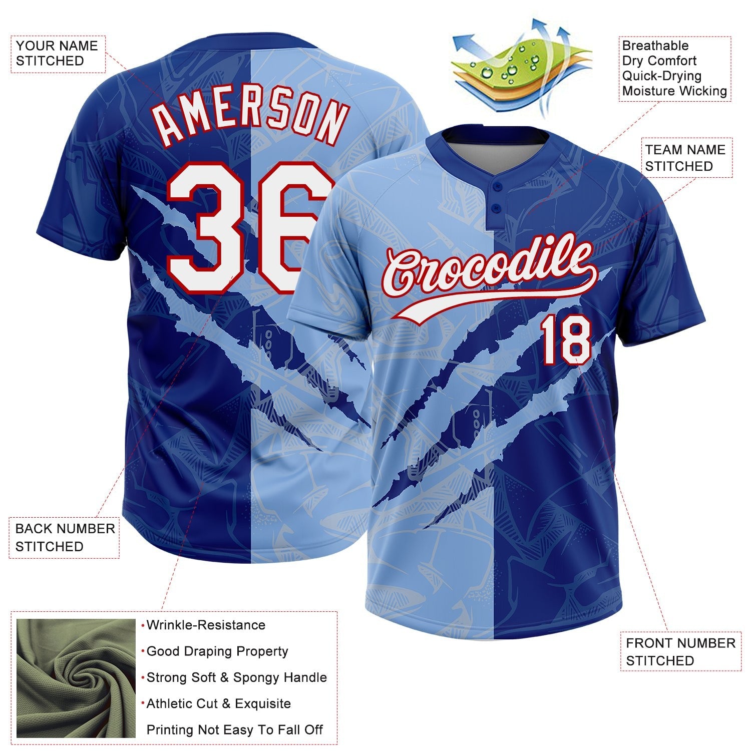 Custom Graffiti Pattern Light Blue Royal-Red 3D Two-Button Unisex Softball Jersey photo 3