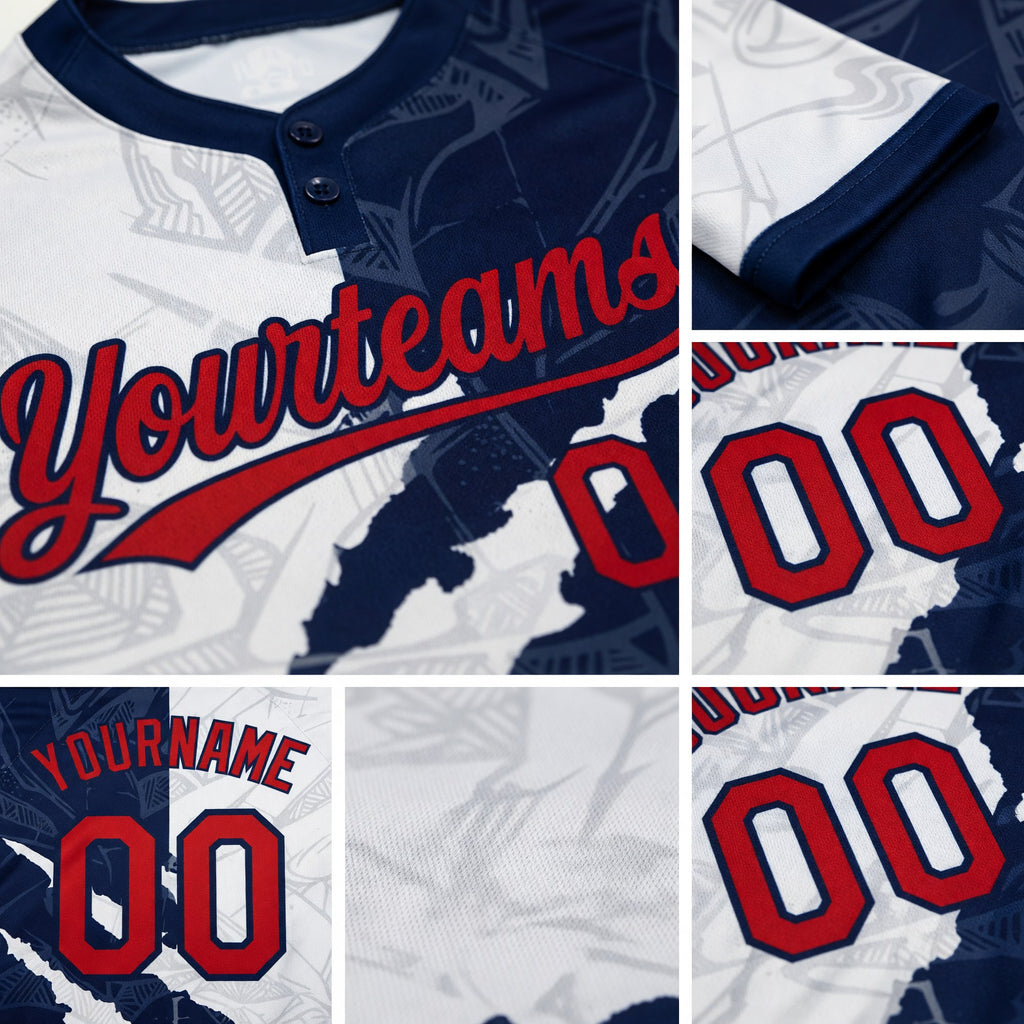 Custom Graffiti Pattern Red-Navy 3D Two-Button Unisex Softball Jersey detail