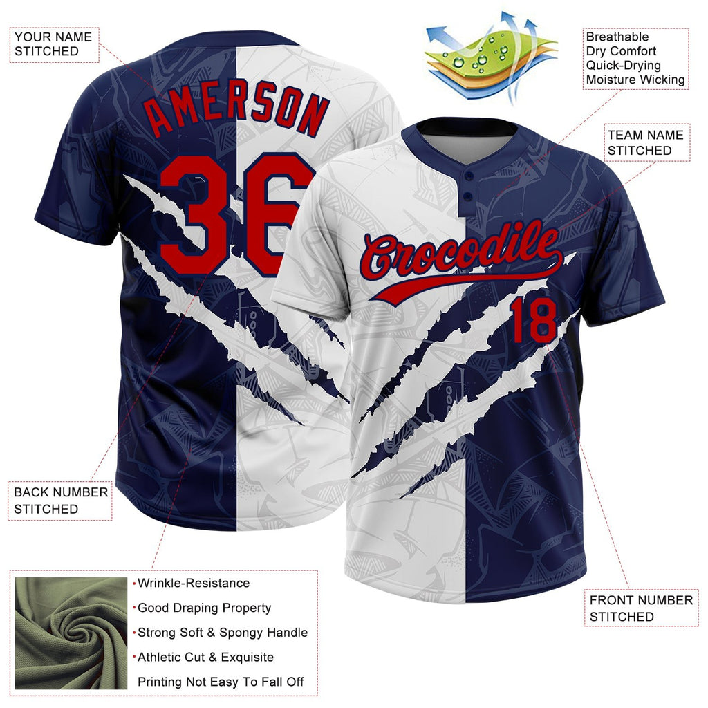 Custom Graffiti Pattern Red-Navy 3D Two-Button Unisex Softball Jersey photo 3