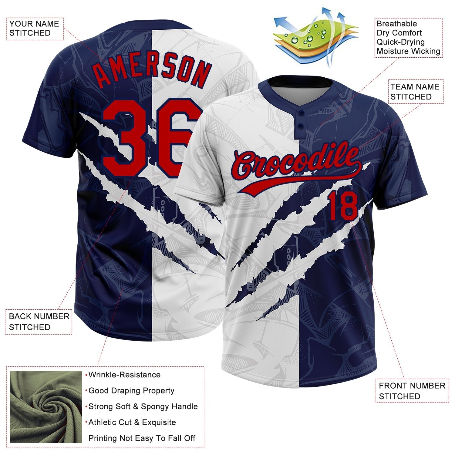 Custom Graffiti Pattern Red-Navy 3D Two-Button Unisex Softball Jersey photo 3