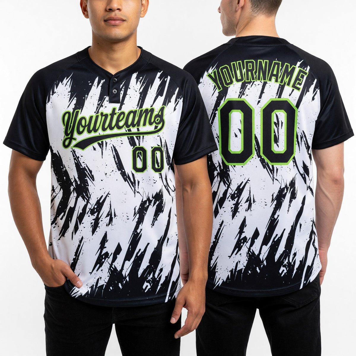 Custom Black Neon Green-White 3D Pattern Abstract Sharp Shape Two-Button Unisex Softball Jersey worn front and back