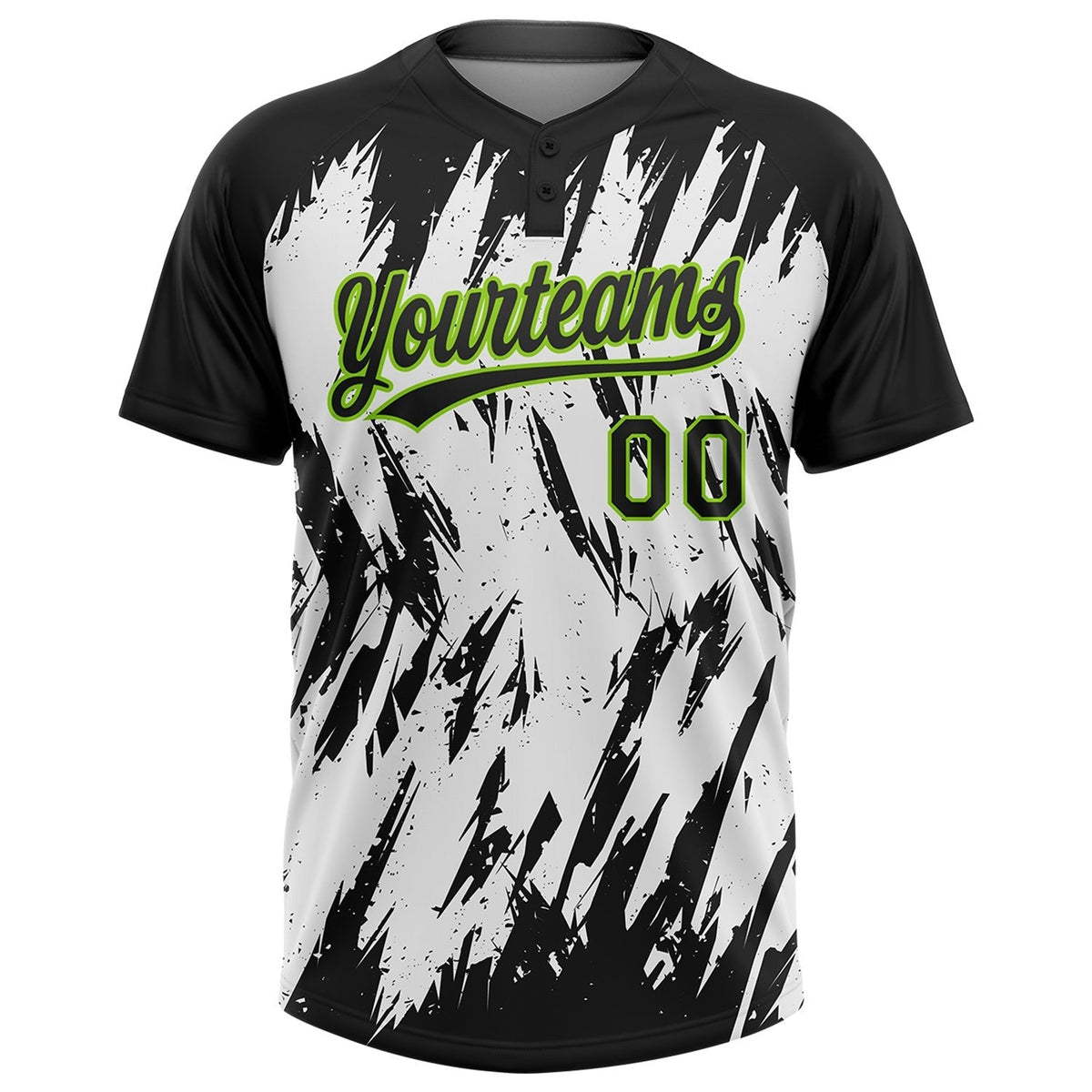 Custom Black Neon Green-White 3D Pattern Abstract Sharp Shape Two-Button Unisex Softball Jersey photo 2