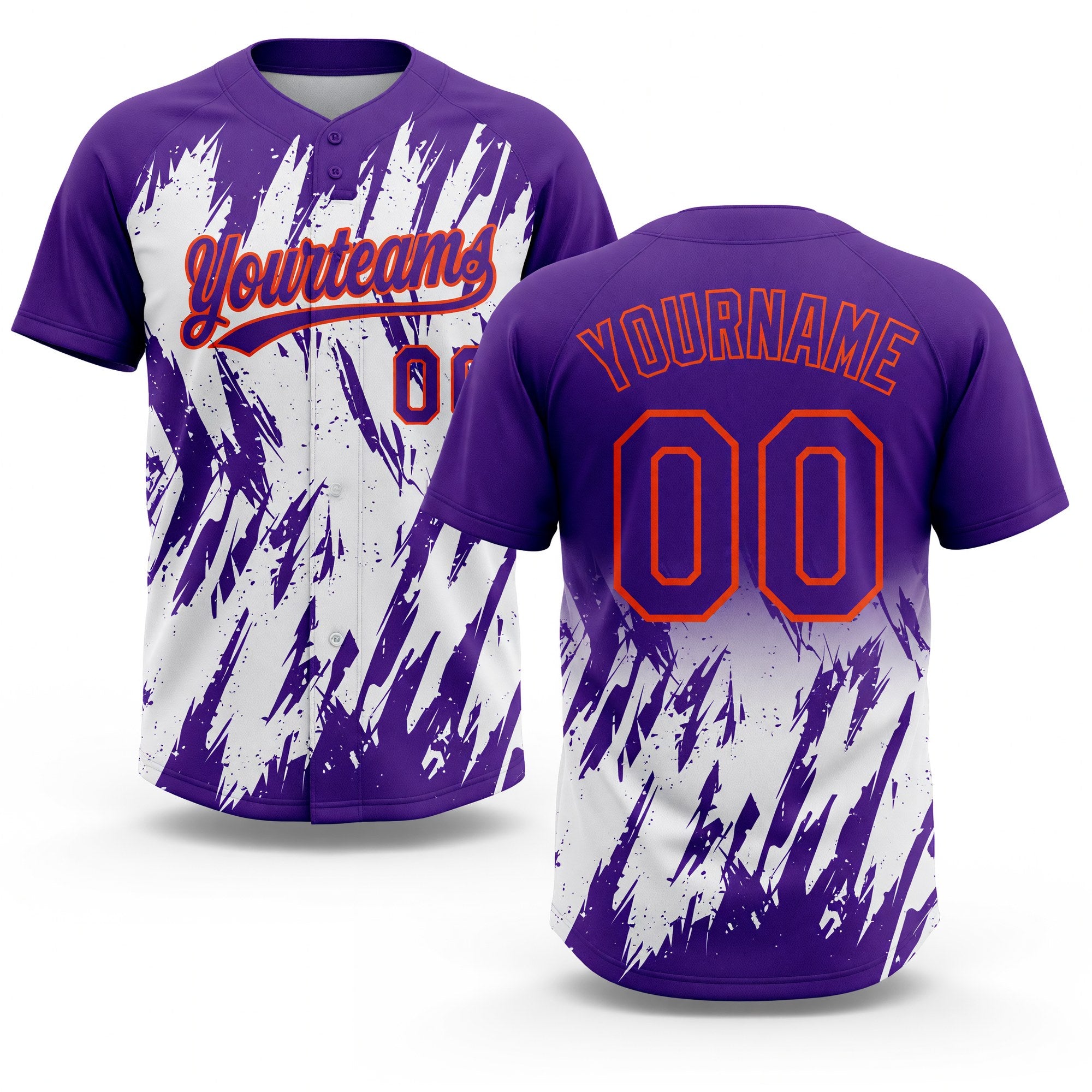 Custom Purple Orange-White 3D Pattern Abstract Sharp Shape Two-Button Unisex Softball Jersey