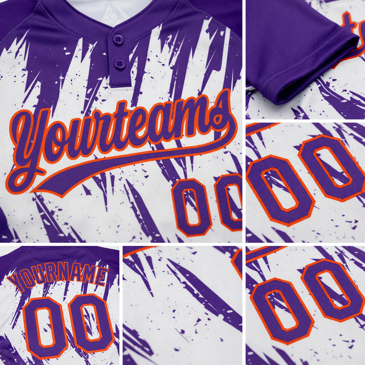 Custom Purple Orange-White 3D Pattern Abstract Sharp Shape Two-Button Unisex Softball Jersey detail