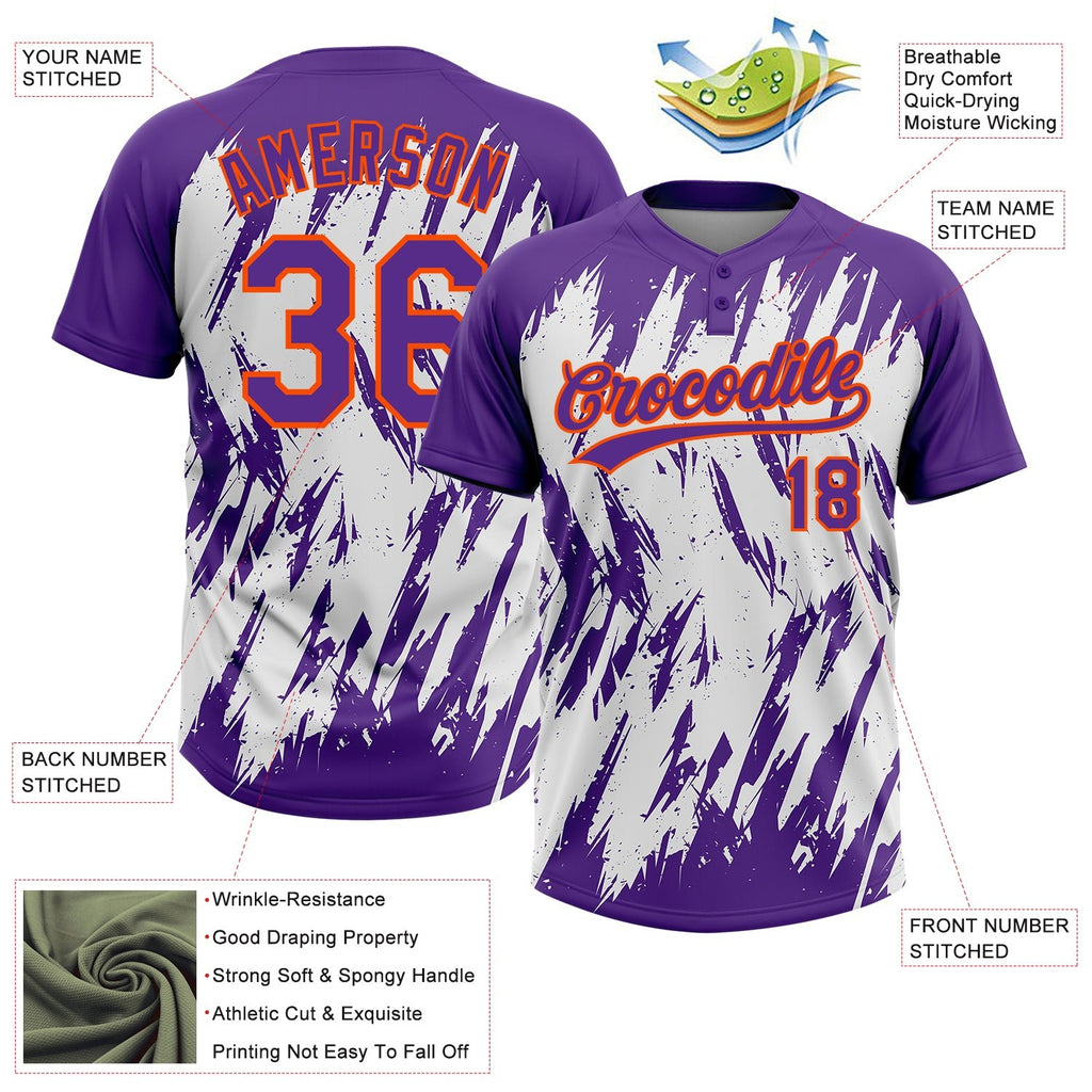 Custom Purple Orange-White 3D Pattern Abstract Sharp Shape Two-Button Unisex Softball Jersey photo 3