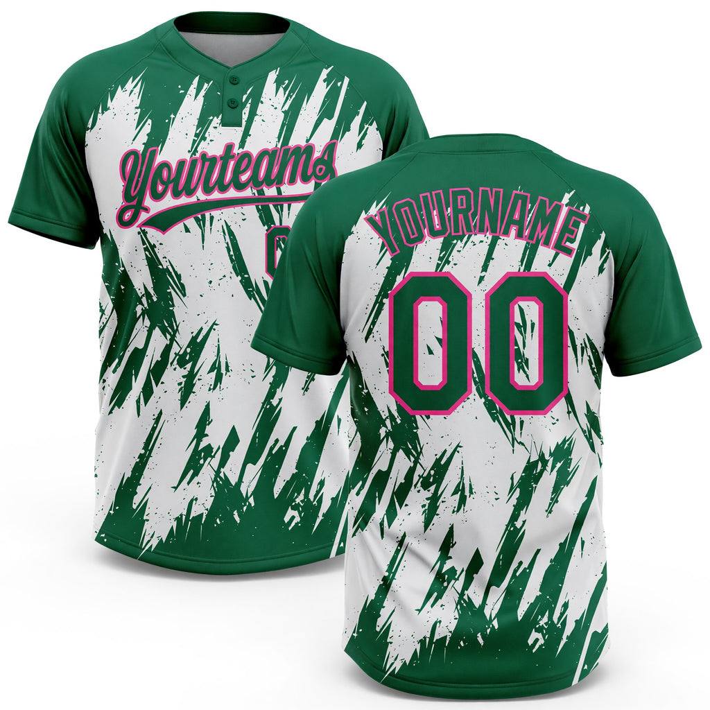 Custom Kelly Green Pink-White 3D Pattern Abstract Sharp Shape Two-Button Unisex Softball Jersey