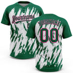 Custom Kelly Green Pink-White 3D Pattern Abstract Sharp Shape Two-Button Unisex Softball Jersey