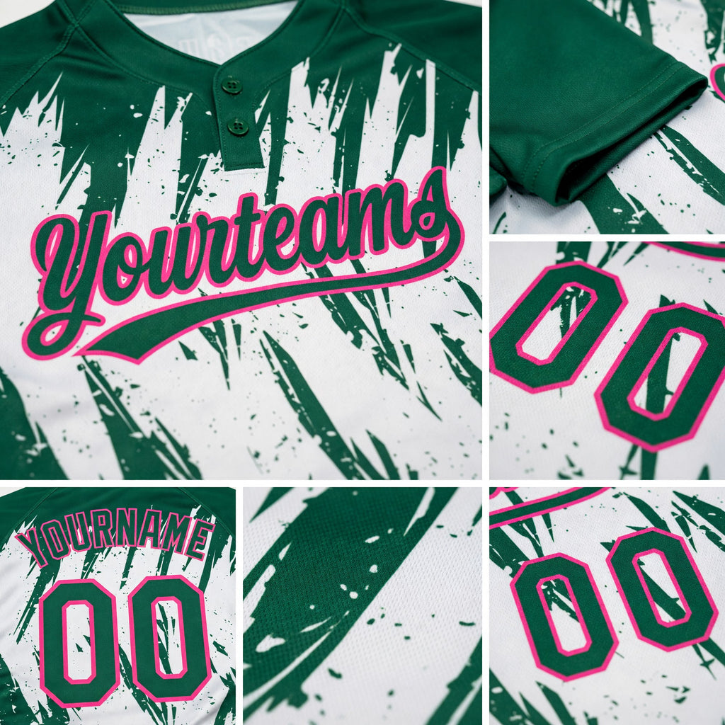 Custom Kelly Green Pink-White 3D Pattern Abstract Sharp Shape Two-Button Unisex Softball Jersey detail