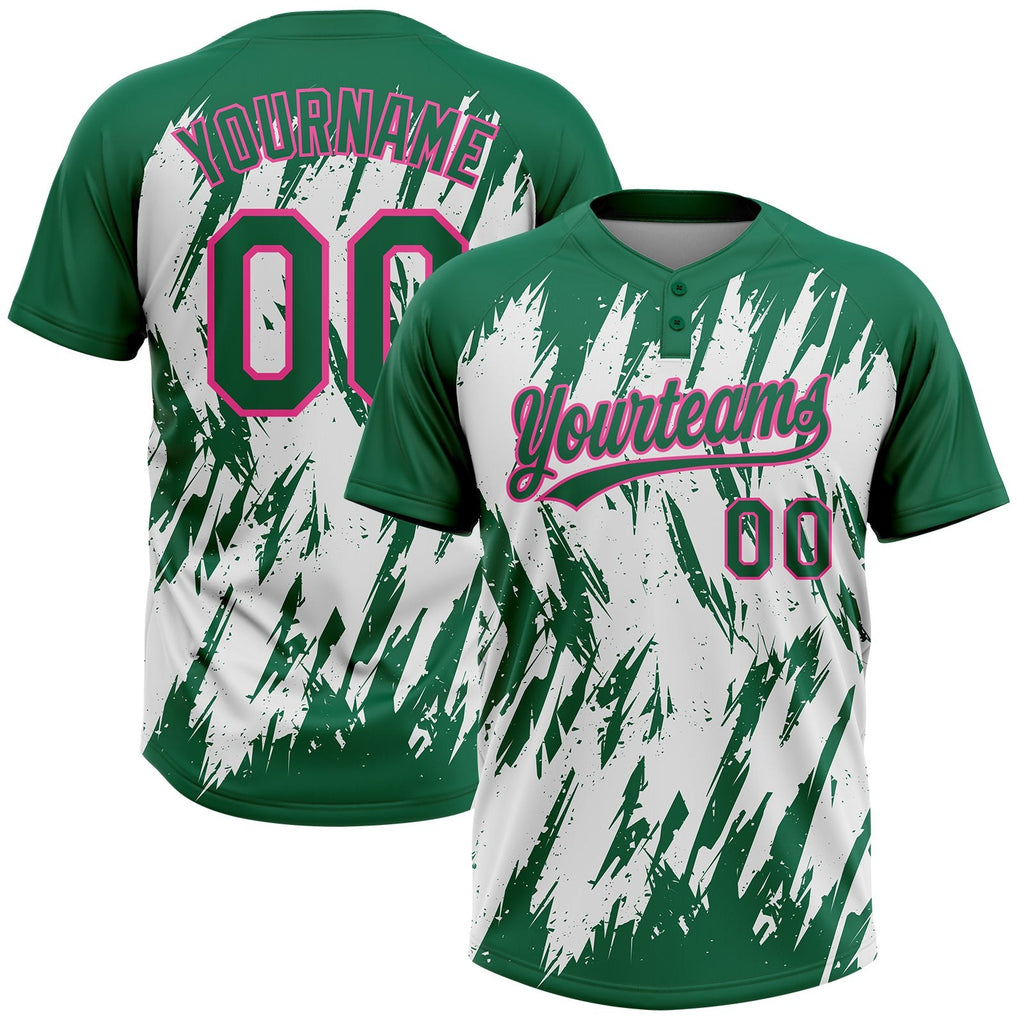 Custom Kelly Green Pink-White 3D Pattern Abstract Sharp Shape Two-Button Unisex Softball Jersey photo 1