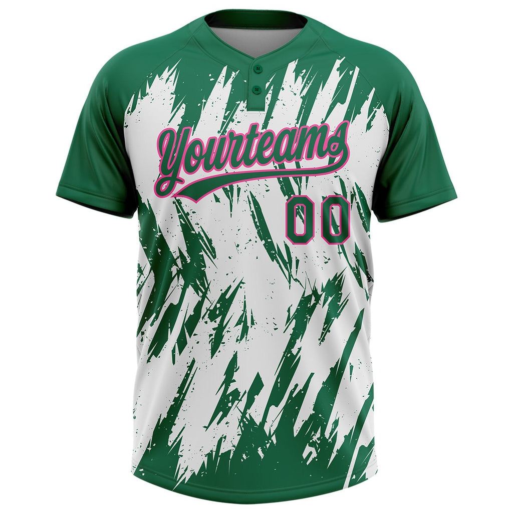 Custom Kelly Green Pink-White 3D Pattern Abstract Sharp Shape Two-Button Unisex Softball Jersey photo 2