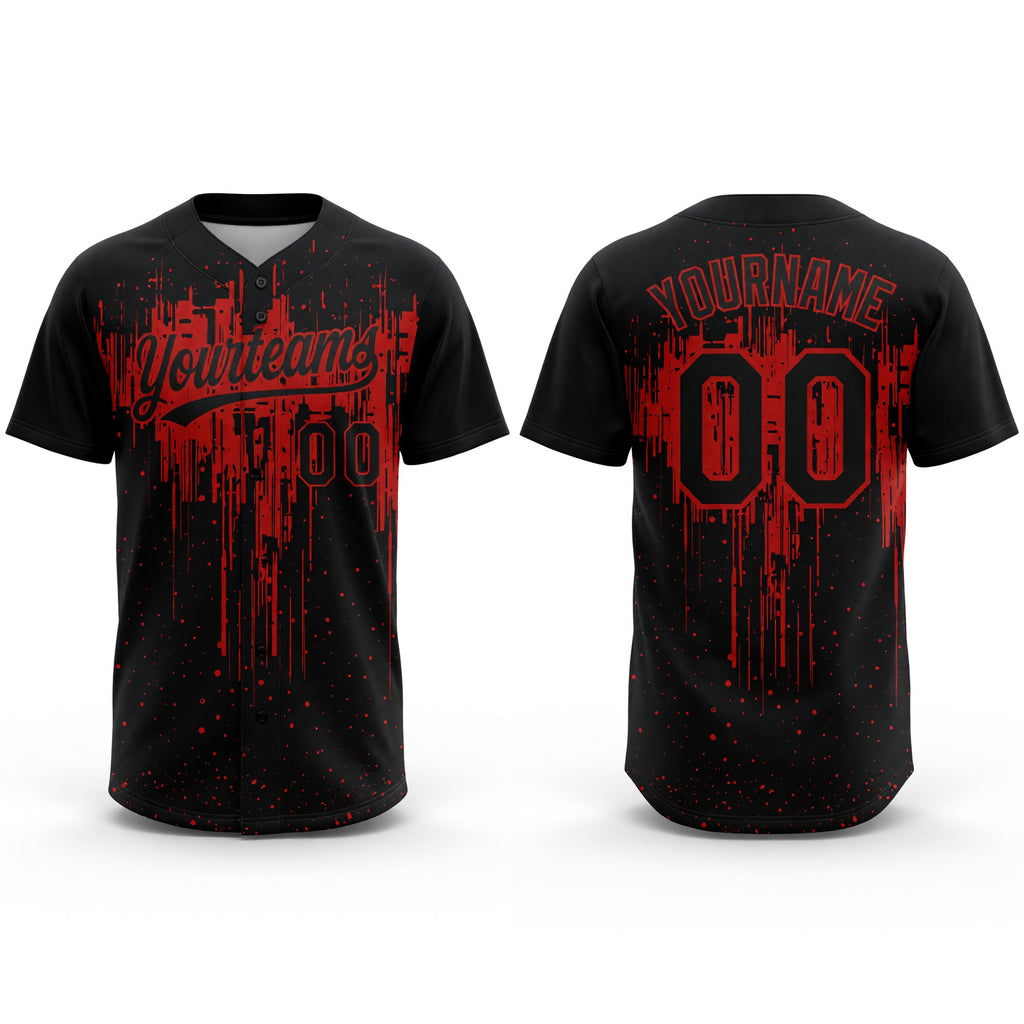 Custom Black Red 3D Pattern Dripping Splatter Art Two-Button Unisex Softball Jersey