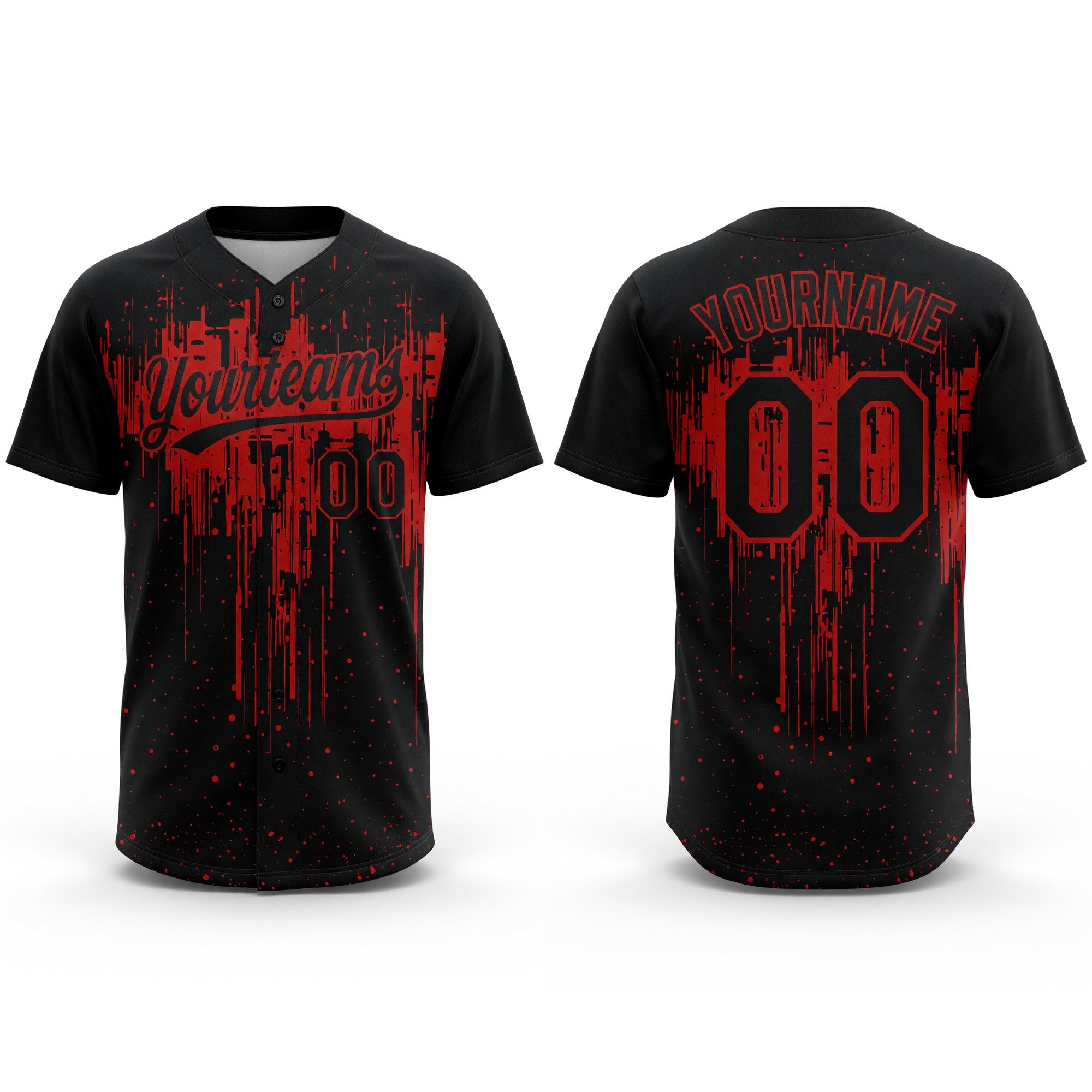 Custom Black Red 3D Pattern Dripping Splatter Art Two-Button Unisex Softball Jersey