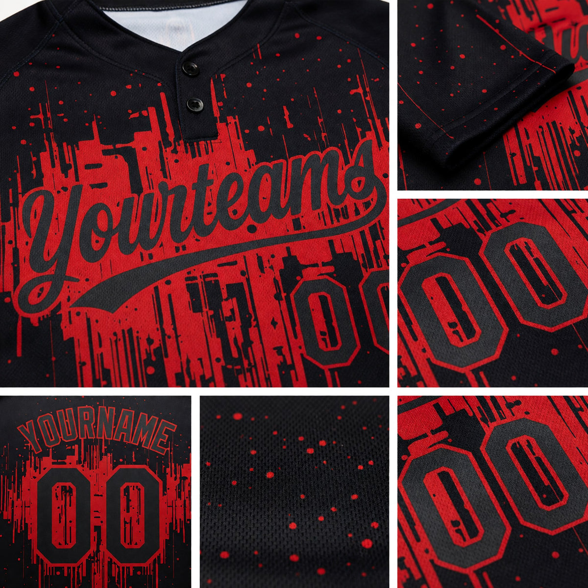 Custom Black Red 3D Pattern Dripping Splatter Art Two-Button Unisex Softball Jersey detail