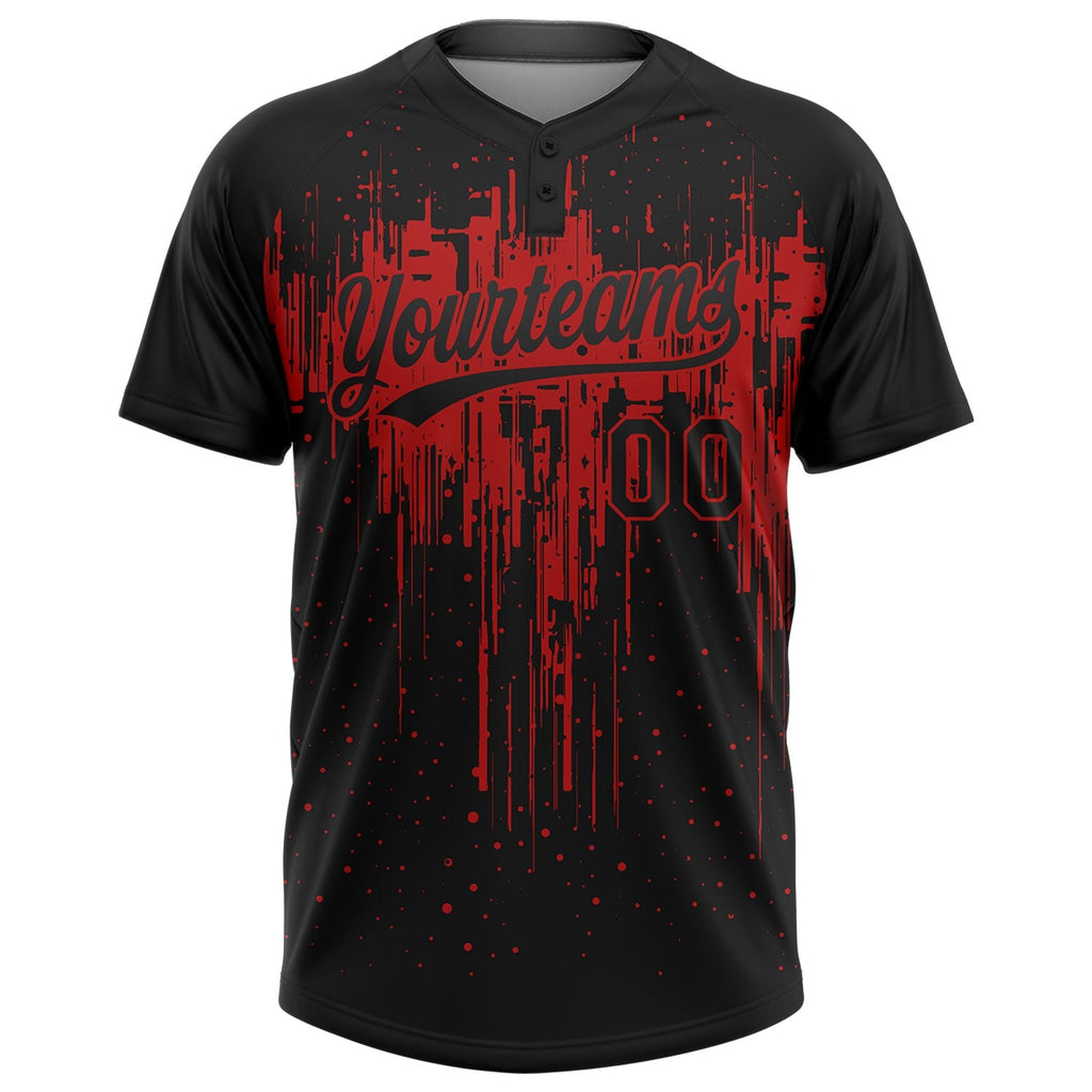 Custom Black Red 3D Pattern Dripping Splatter Art Two-Button Unisex Softball Jersey photo 2