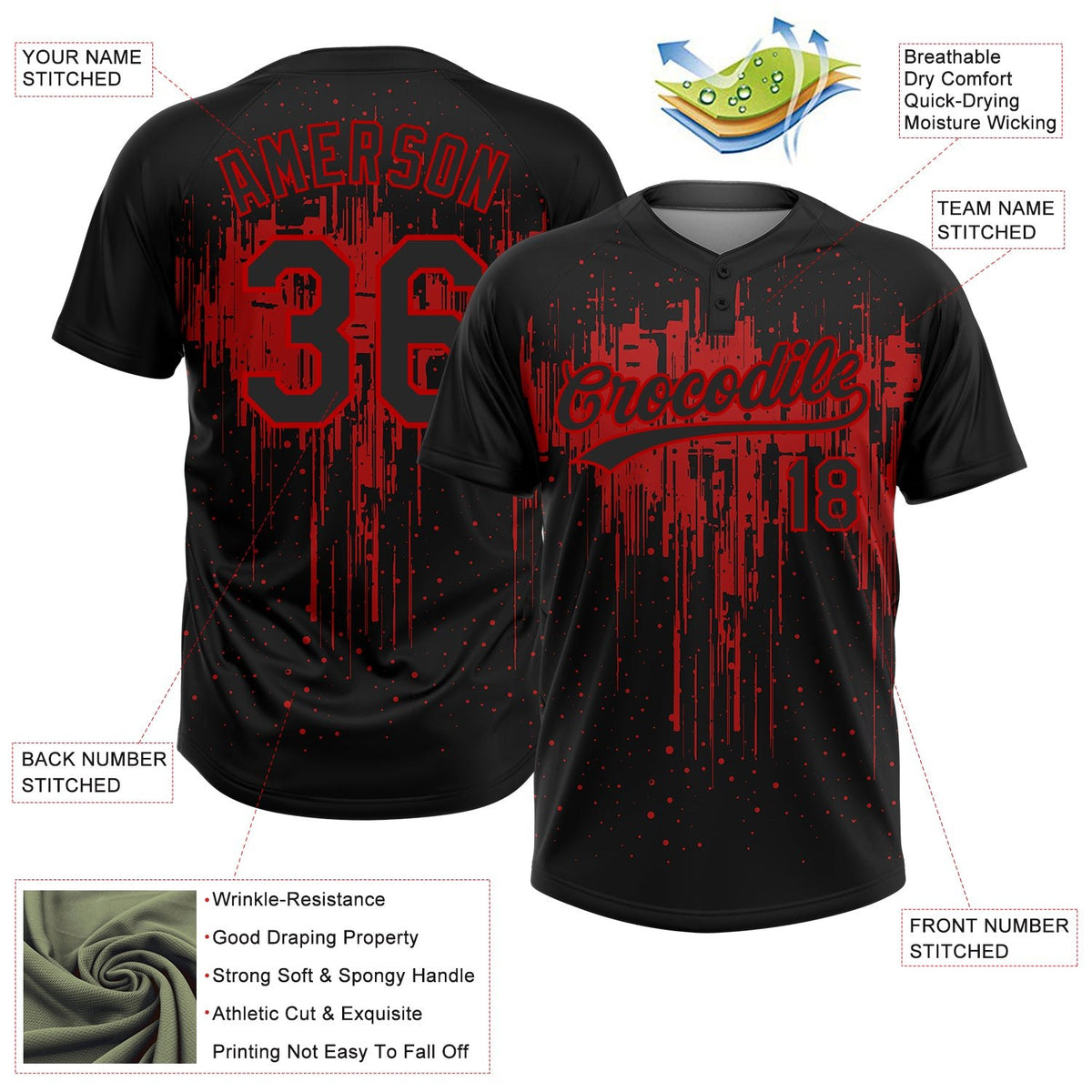 Custom Black Red 3D Pattern Dripping Splatter Art Two-Button Unisex Softball Jersey photo 3