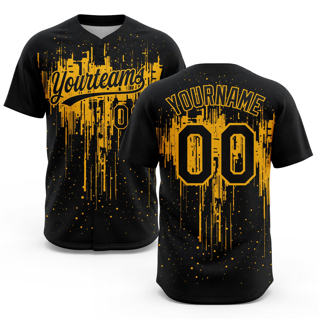 Custom Black Gold 3D Pattern Dripping Splatter Art Two-Button Unisex Softball Jersey
