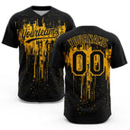 Custom Black Gold 3D Pattern Dripping Splatter Art Two-Button Unisex Softball Jersey