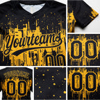 Custom Black Gold 3D Pattern Dripping Splatter Art Two-Button Unisex Softball Jersey detail
