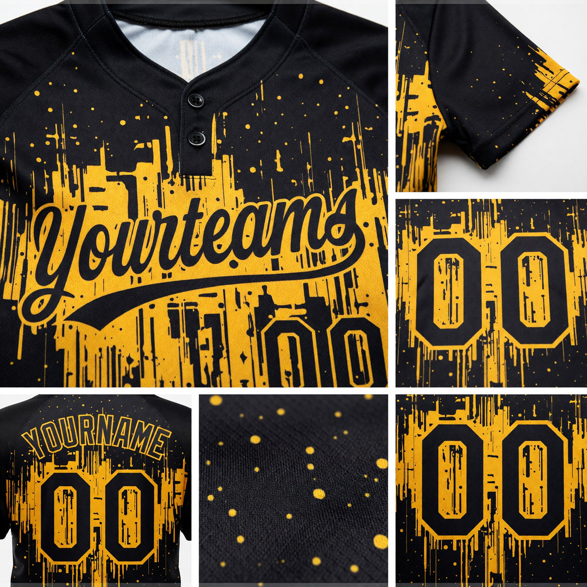 Custom Black Gold 3D Pattern Dripping Splatter Art Two-Button Unisex Softball Jersey detail