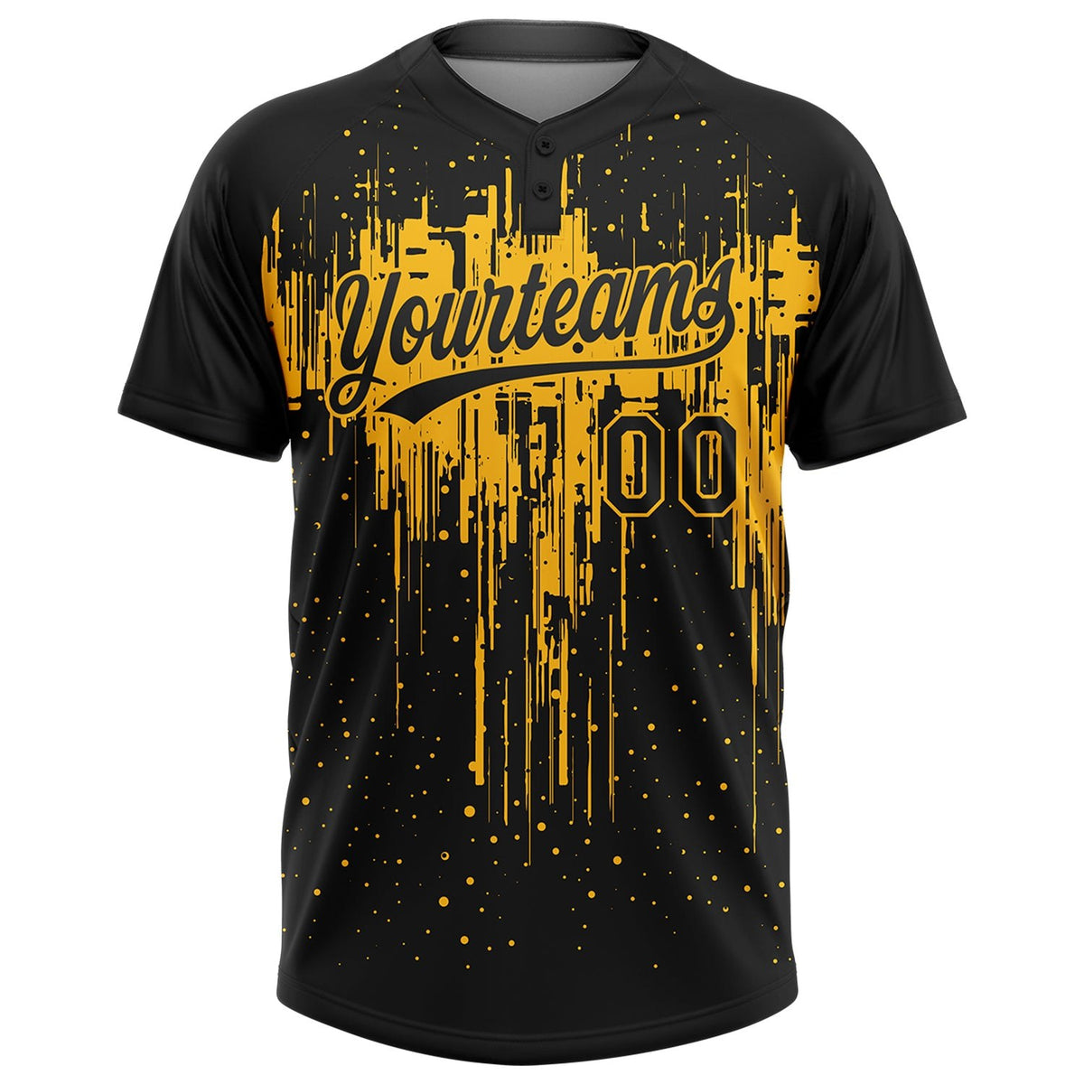 Custom Black Gold 3D Pattern Dripping Splatter Art Two-Button Unisex Softball Jersey photo 2