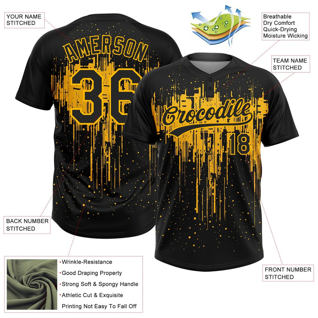 Custom Black Gold 3D Pattern Dripping Splatter Art Two-Button Unisex Softball Jersey photo 3