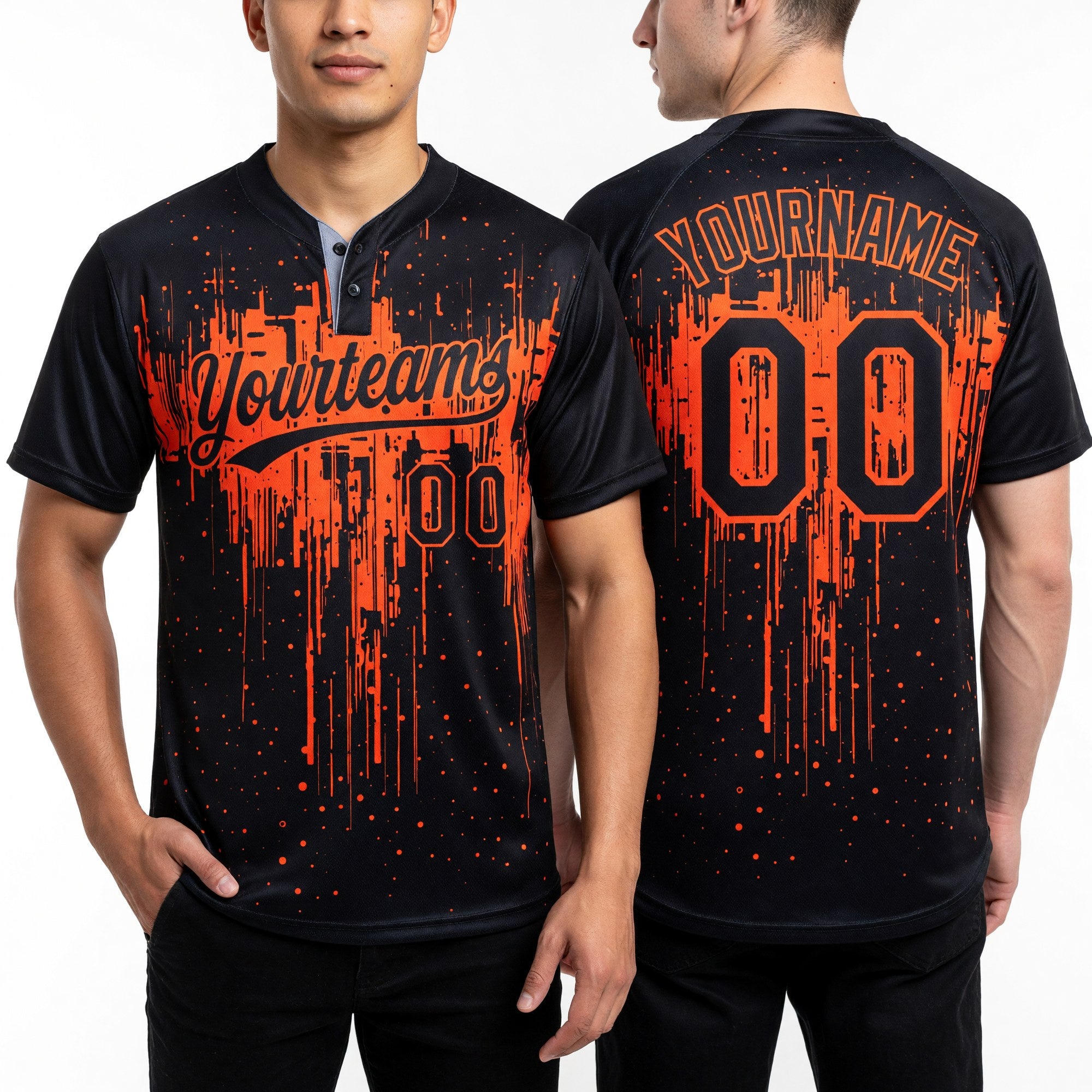 Custom Black Orange 3D Pattern Dripping Splatter Art Two-Button Unisex Softball Jersey worn front and back