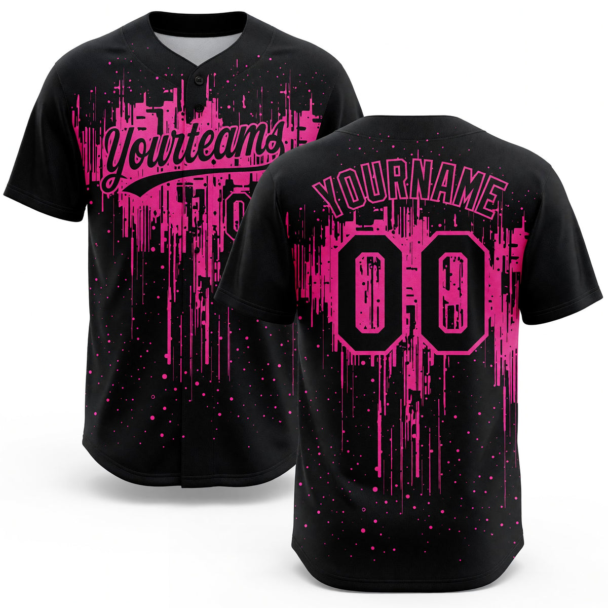 Custom Black Pink 3D Pattern Dripping Splatter Art Two-Button Unisex Softball Jersey