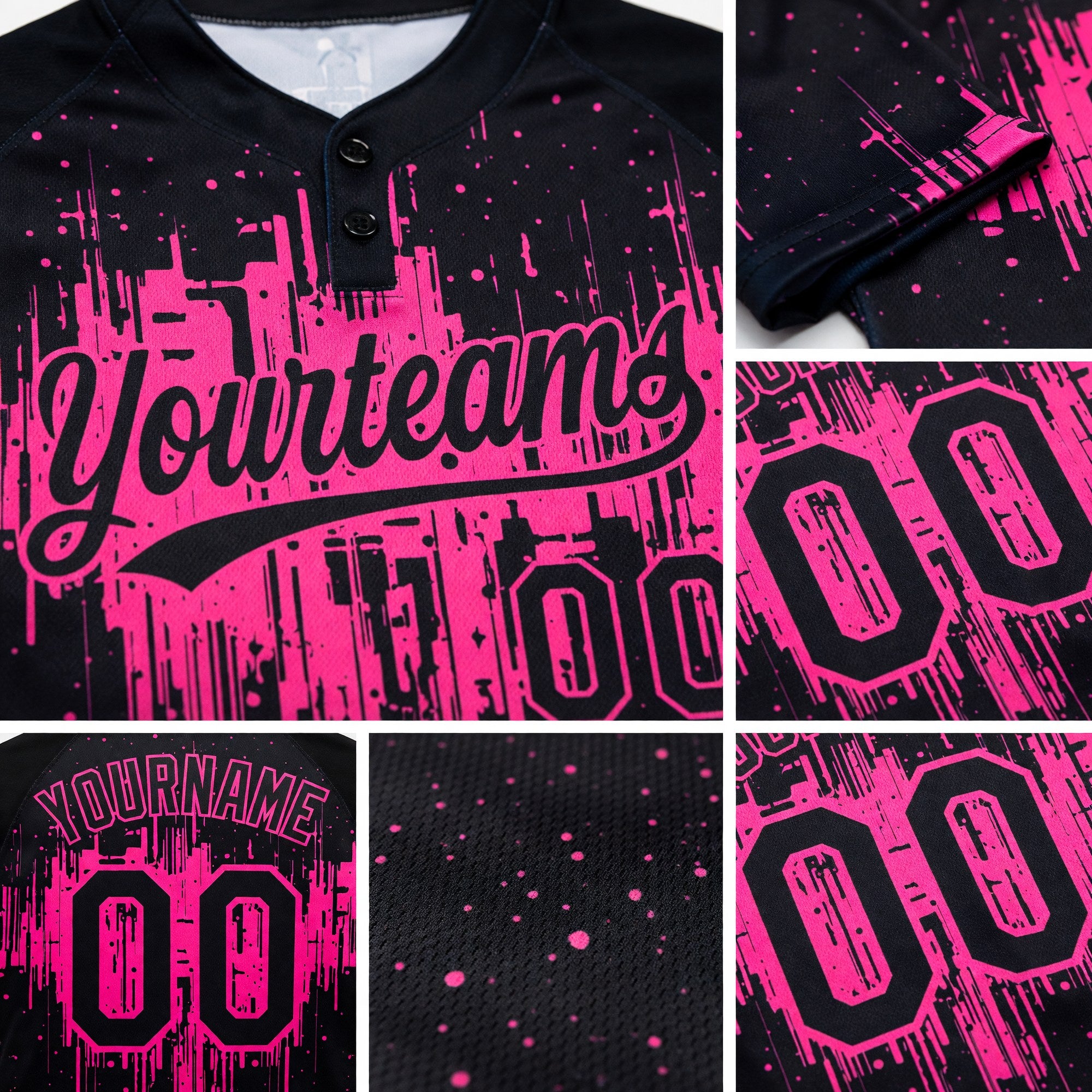 Custom Black Pink 3D Pattern Dripping Splatter Art Two-Button Unisex Softball Jersey detail