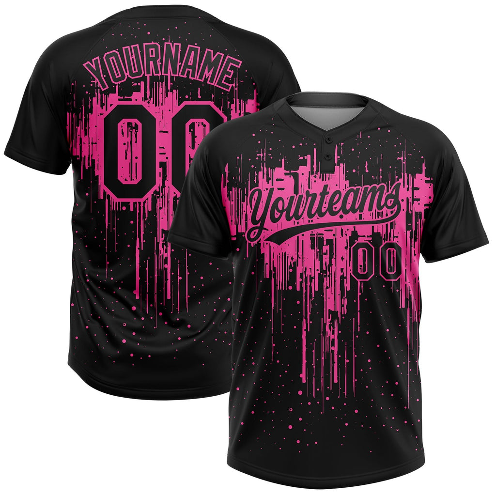 Custom Black Pink 3D Pattern Dripping Splatter Art Two-Button Unisex Softball Jersey photo 1