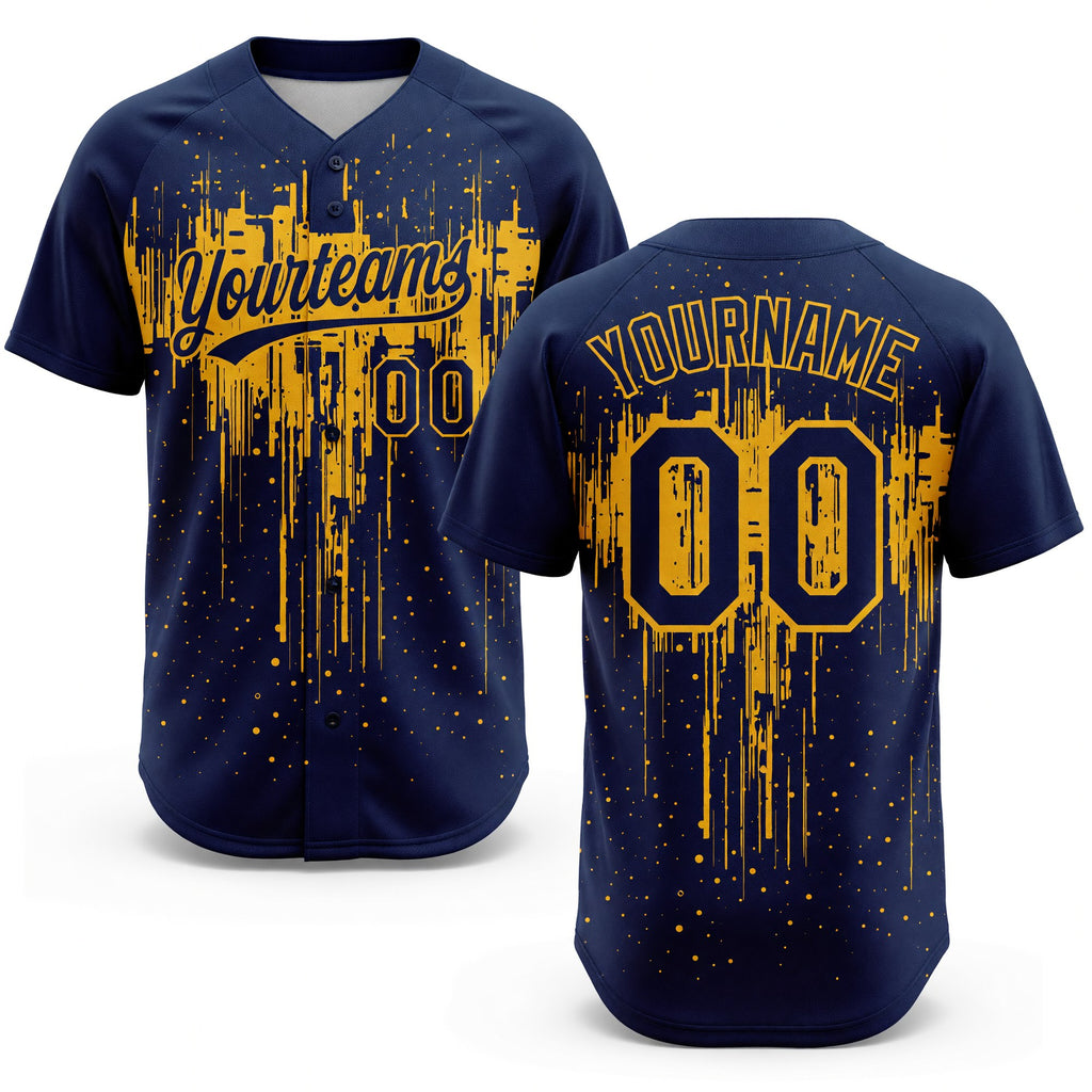 Custom Navy Gold 3D Pattern Dripping Splatter Art Two-Button Unisex Softball Jersey