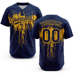 Custom Navy Gold 3D Pattern Dripping Splatter Art Two-Button Unisex Softball Jersey