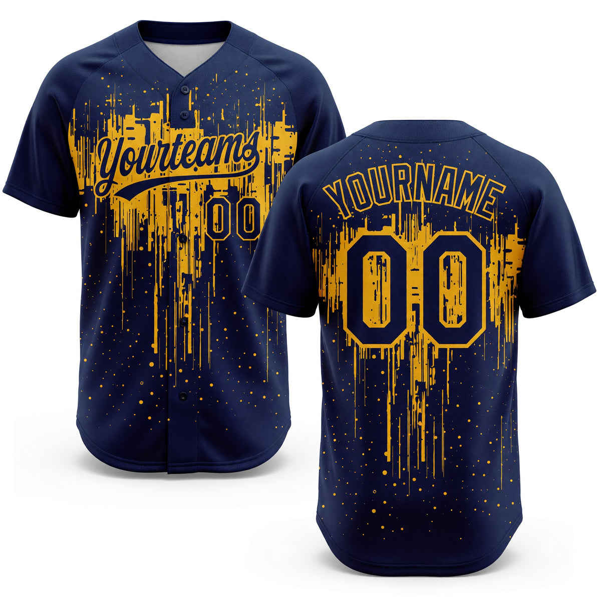 Custom Navy Gold 3D Pattern Dripping Splatter Art Two-Button Unisex Softball Jersey