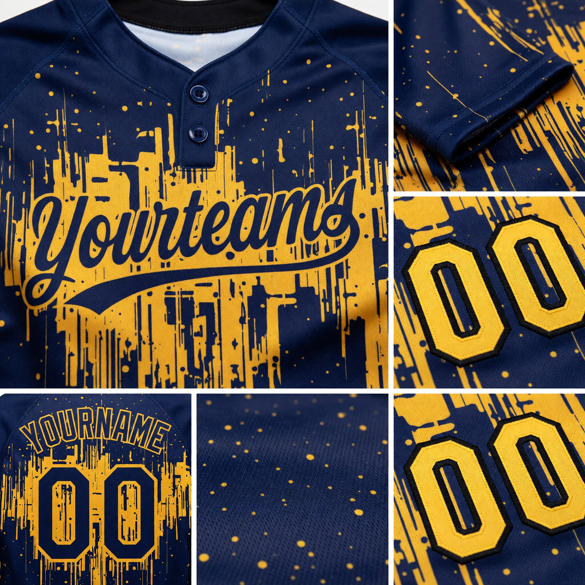 Custom Navy Gold 3D Pattern Dripping Splatter Art Two-Button Unisex Softball Jersey detail