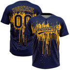 Custom Navy Gold 3D Pattern Dripping Splatter Art Two-Button Unisex Softball Jersey photo 1