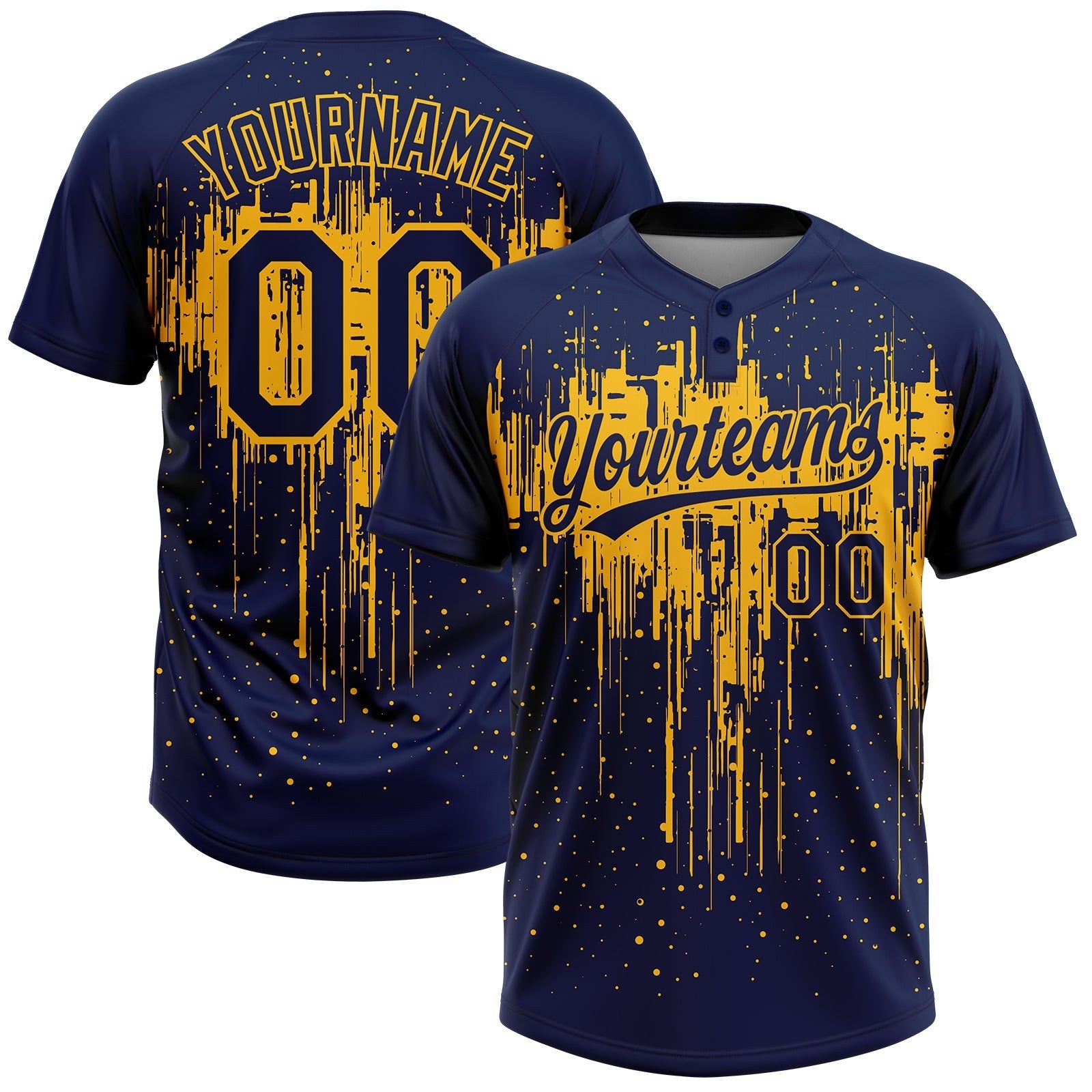 Custom Navy Gold 3D Pattern Dripping Splatter Art Two-Button Unisex Softball Jersey photo 1