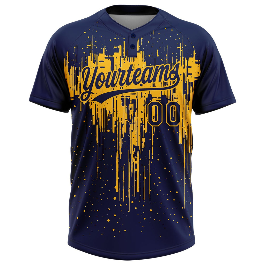 Custom Navy Gold 3D Pattern Dripping Splatter Art Two-Button Unisex Softball Jersey photo 2
