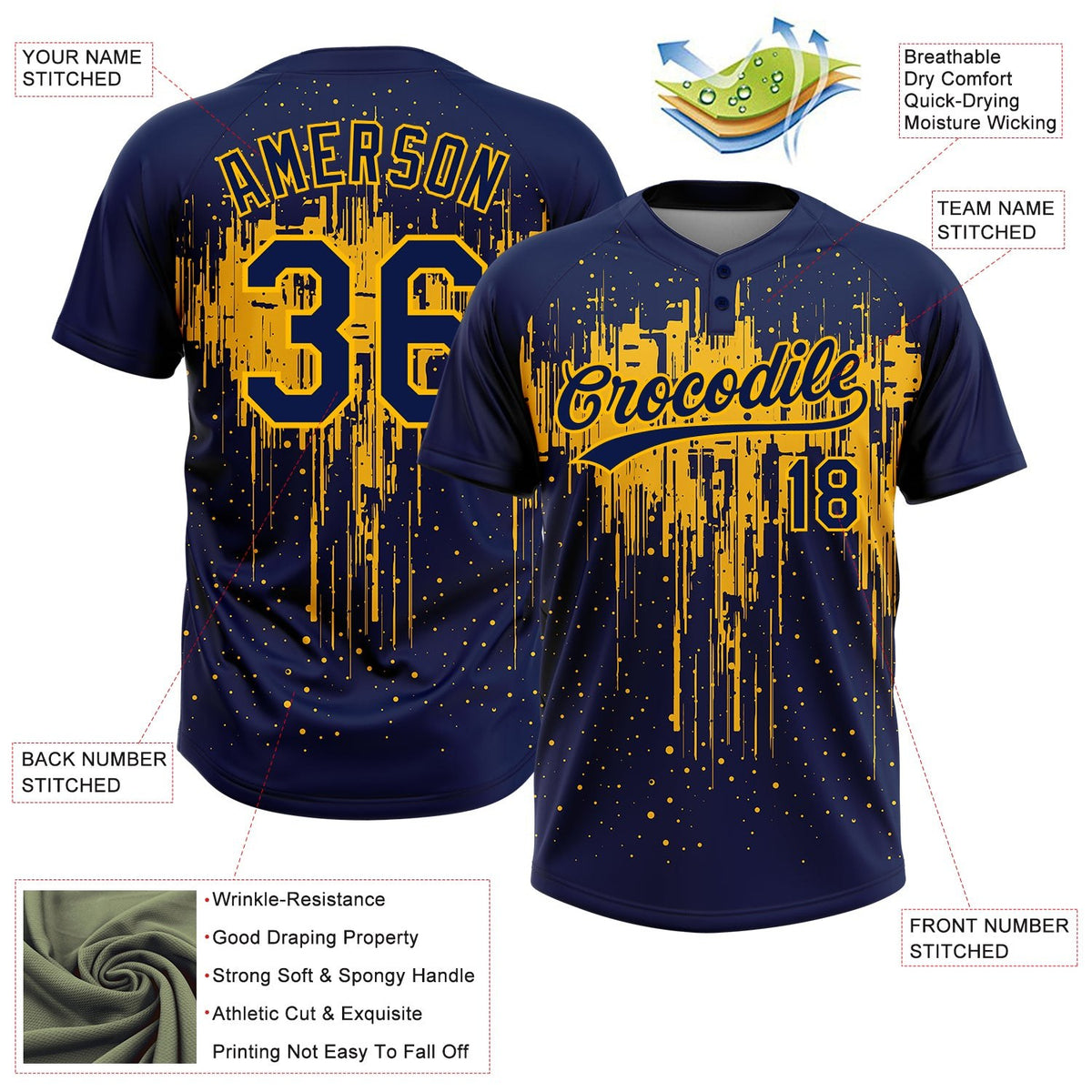Custom Navy Gold 3D Pattern Dripping Splatter Art Two-Button Unisex Softball Jersey photo 3