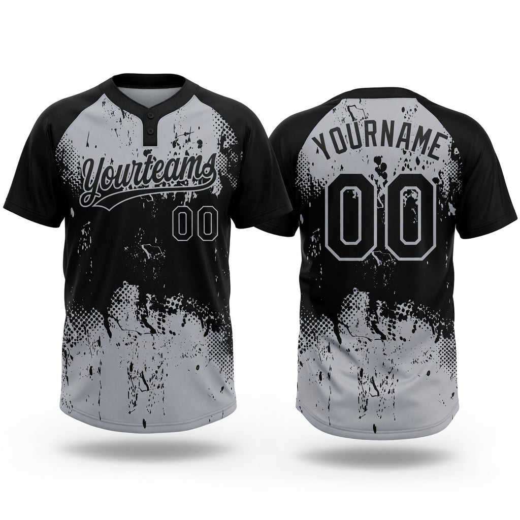 Custom Black Gray 3D Pattern Abstract Splatter Grunge Art Two-Button Unisex Softball Jersey