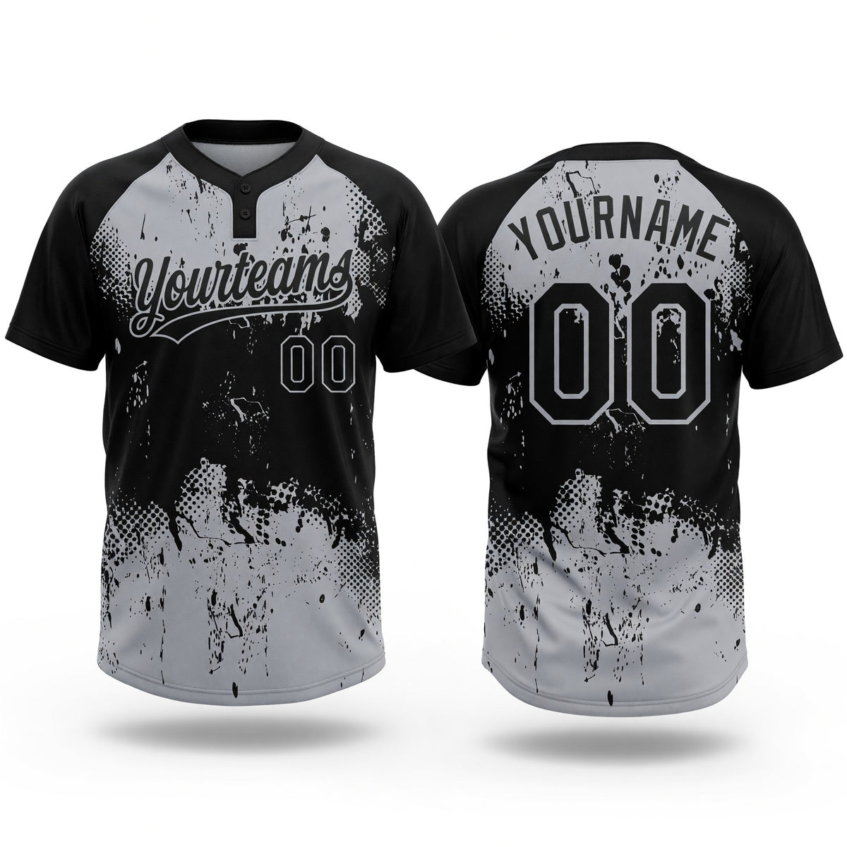 Custom Black Gray 3D Pattern Abstract Splatter Grunge Art Two-Button Unisex Softball Jersey