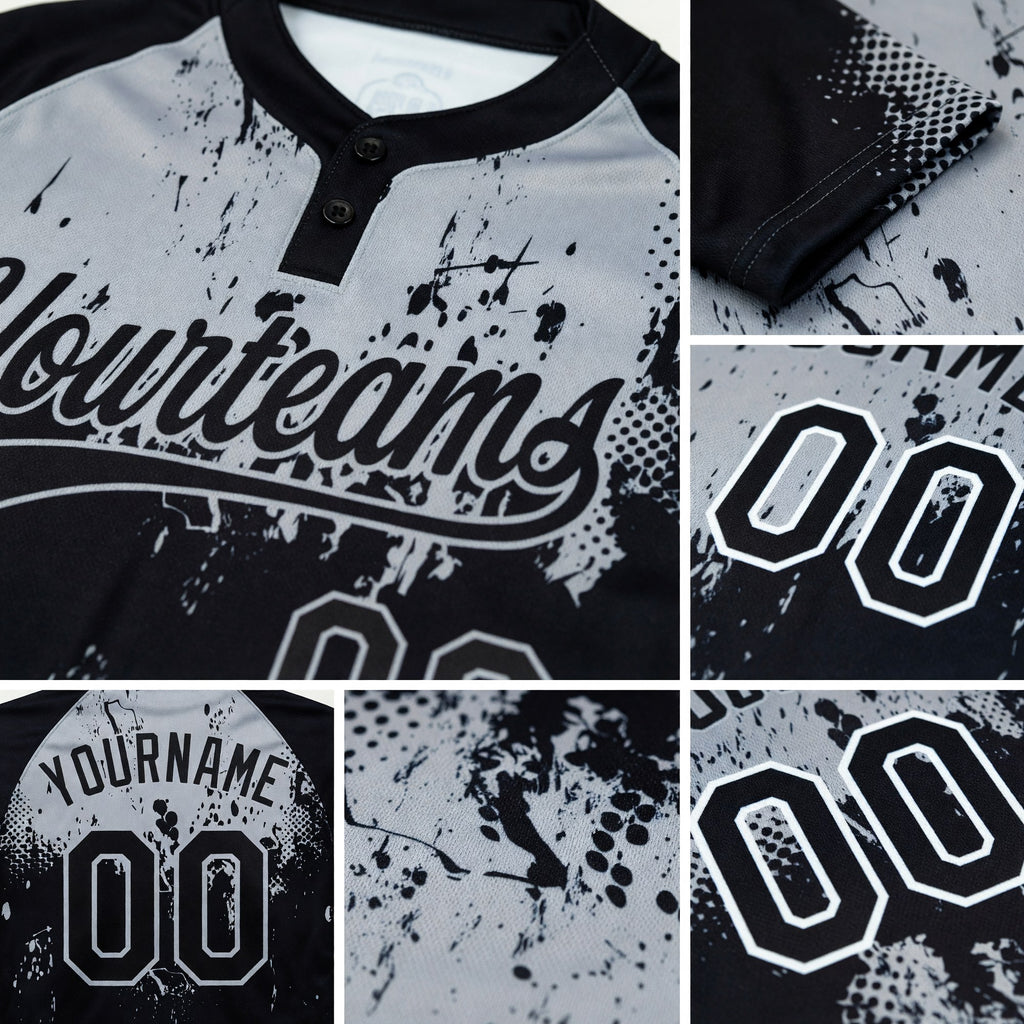 Custom Black Gray 3D Pattern Abstract Splatter Grunge Art Two-Button Unisex Softball Jersey detail