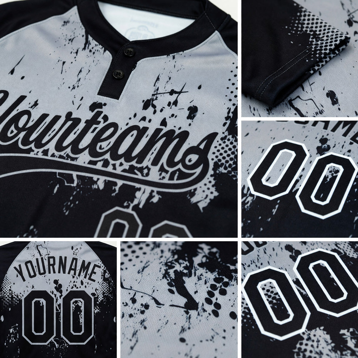 Custom Black Gray 3D Pattern Abstract Splatter Grunge Art Two-Button Unisex Softball Jersey detail