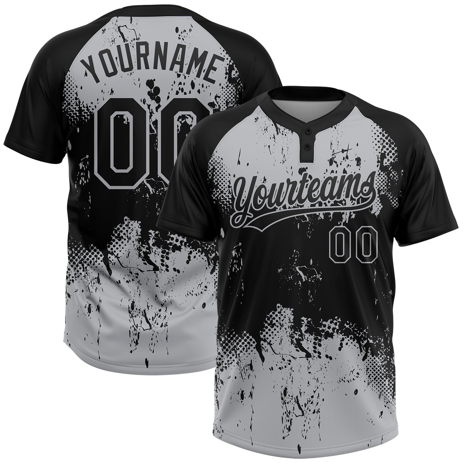 Custom Black Gray 3D Pattern Abstract Splatter Grunge Art Two-Button Unisex Softball Jersey photo 1