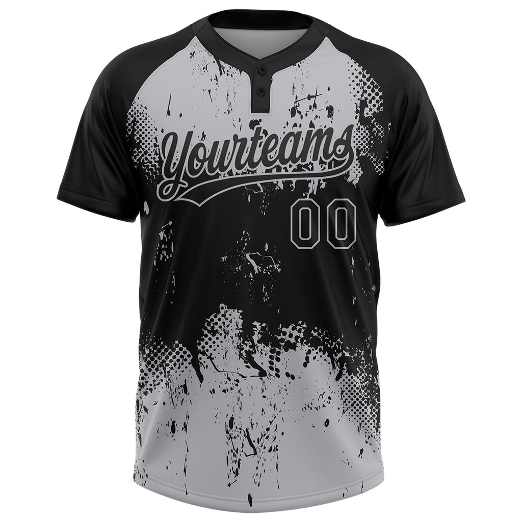 Custom Black Gray 3D Pattern Abstract Splatter Grunge Art Two-Button Unisex Softball Jersey photo 2