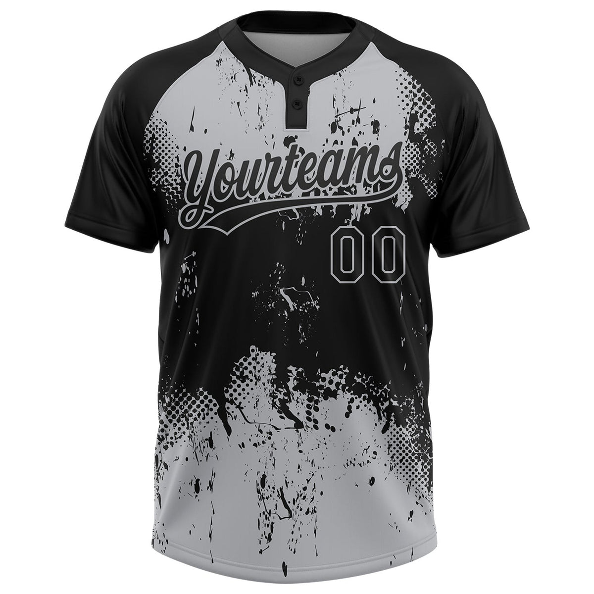 Custom Black Gray 3D Pattern Abstract Splatter Grunge Art Two-Button Unisex Softball Jersey photo 2